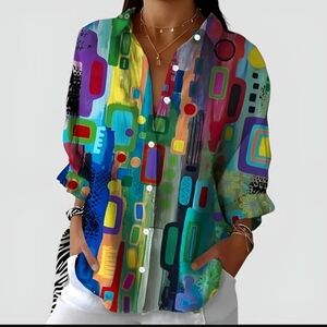 New Abstract Multicolor Button-Down Shirt - Women